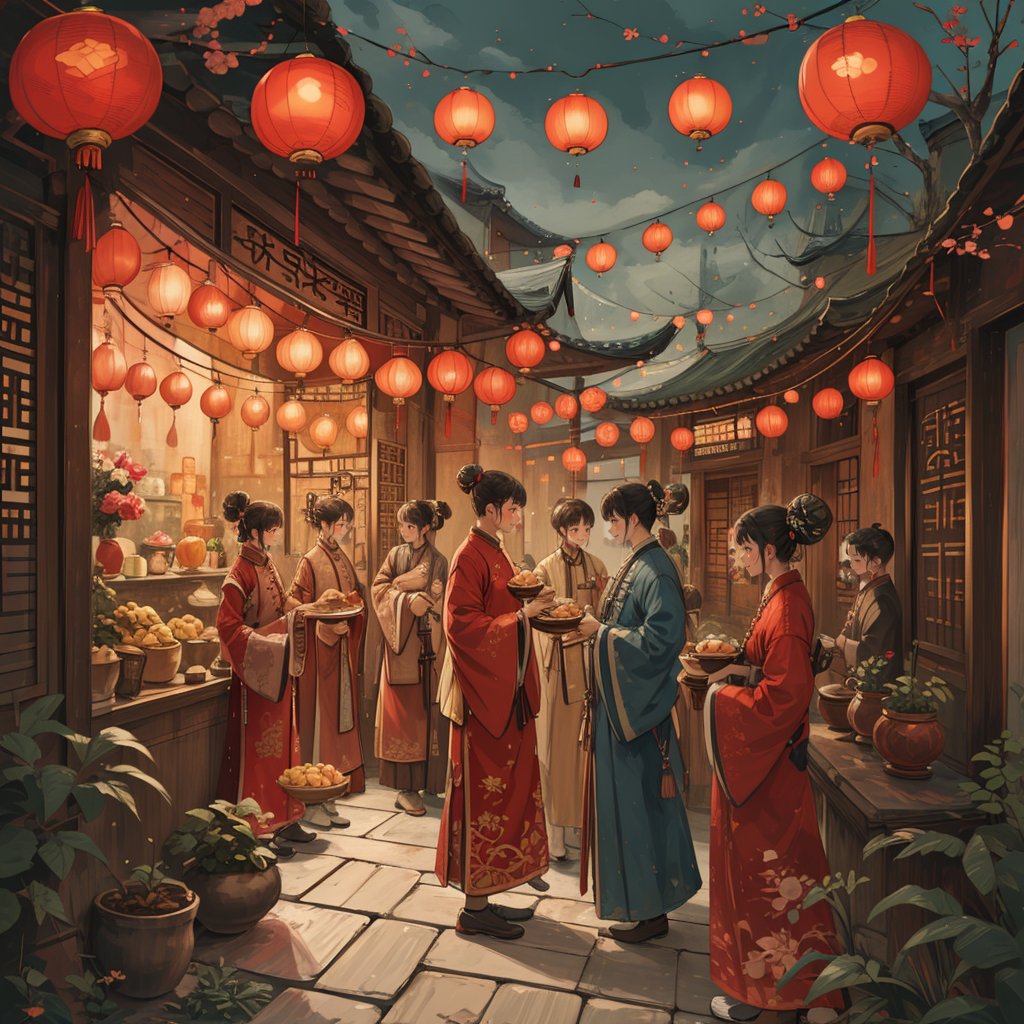 lantern,east asian architecture,multiple girls,architecture,standing,multiple boys,paper lantern,tree,black hair,holding,outdoors,hair bun,scenery,looking at another,basket,chinese clothes,single hair bun,long sleeves,smile,food,bowl,short hair,old,6+boys,long hair,hair ornament,plant,wide sleeves,<lora:xinchunchahua-000010:0.7>,, masterpiece,best quality,highres,8k uhd,