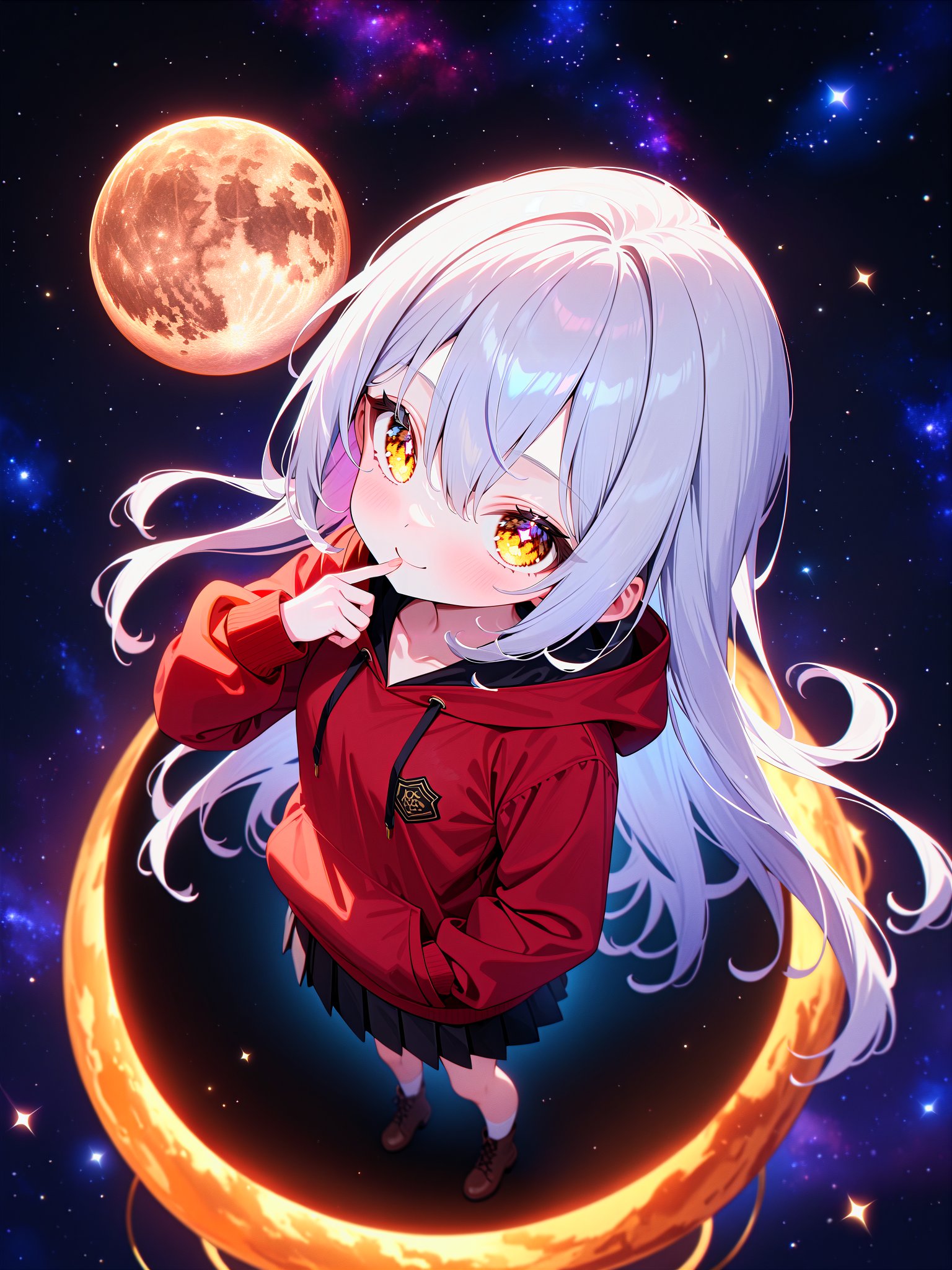 masterpiece, best quality, very aesthetic, absurdres, newest, 1girl, cute girl, skinny, petite, 14 years old, small breasts, blonde eyes, yellow eyes, (silver hair:1.4), very long hair, hair between eyes, hoodie, red shirt , black skirt, pleated skirt, brown boots, starry sky, star \(sky\), full moon, milky way, blue moon, nebula, from above, standing, finger to cheek, tilting, closed mouth, smile, doyagao, (hand in pocket:1.2), on the sphere, 