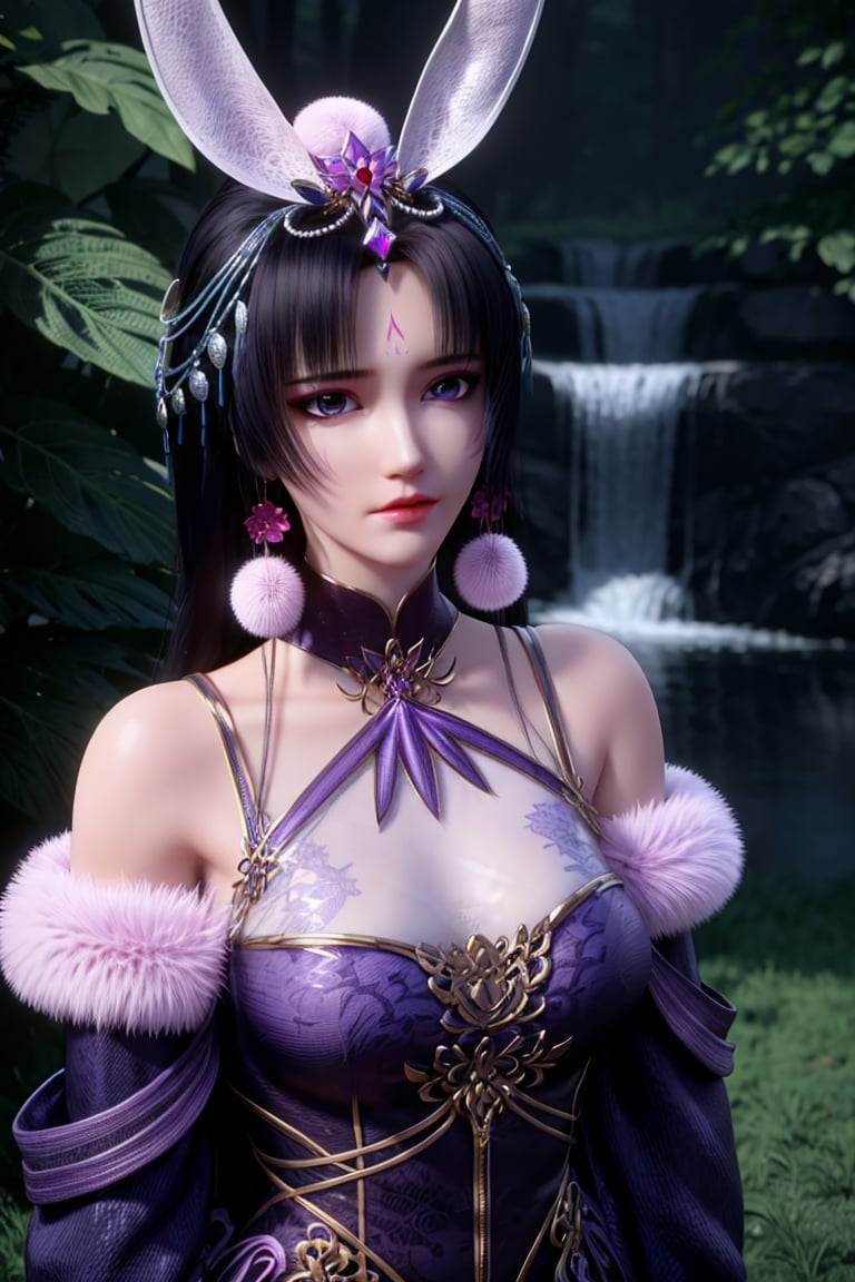 1girl, solo, long hair, breasts, looking at viewer, black hair, hair ornament, dress, animal ears, cleavage, bare shoulders, jewelry, purple eyes, earrings, water, rabbit ears, fur trim, facial mark, bug, butterfly, purple dress, forehead mark, waterfall<lora:EMS-179-EMS:0.400000>, <lora:EMS-412179-EMS:0.800000>, <lora:EMS-980-EMS:0.000000>