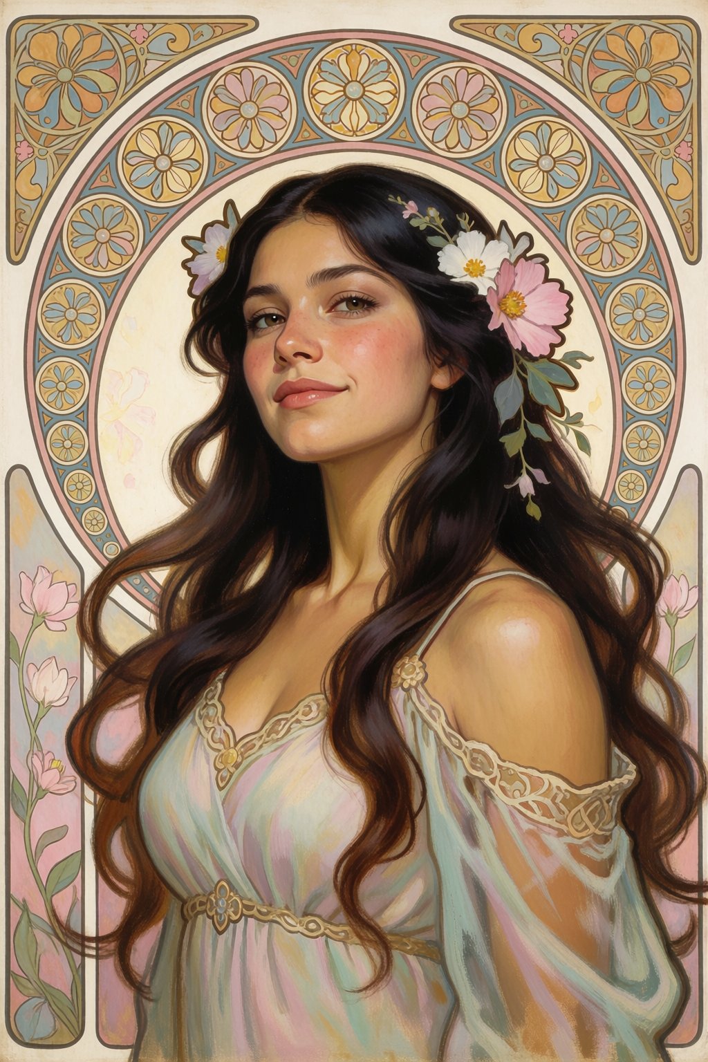 portrait of young woman in style of alphonse mucha,  art nouveau decorative borders,  flowing hair with flowers by inknoir...