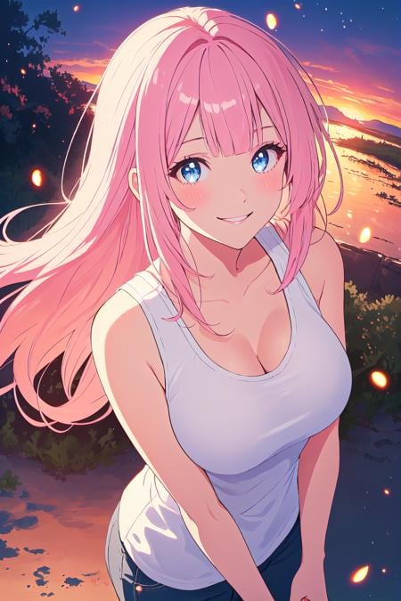 long hair, pink hair, blue eyes, sunset, light particles, fireflies, volumetric lighting, tank top, large breasts, smile, sparkling eyes, blunt bangs looking at viewer, cowboy shot, from above