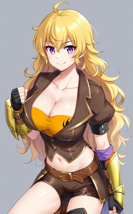 yang xiao long, <lora:sdxl-rwby-yang-pony:0.7> rwby_yang 1girl, blonde hair, long hair, ahoge, wavy hair, bangs, hair between eyes, purple eyes, freckles, cleavage, collarbone, navel, stomach, gauntlets , large breasts +++ puffy short sleeves jacket, dark brown jacket, open jacket, light orange tube top, strapless, brown miniskirt, overskirt, brown shorts, asymmetrical legwear, single thighhigh knee boots, brown footwear, cowboy boots, brown fingerless gloves, orange scarf, vambraces, brown belt, belt buckle, waist cape +++ :p, smile