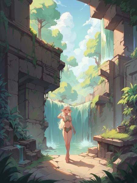 score_9, score_8_up, score_7_up, score_6_up, 1girl, elf, long hair, looking at viewer,  <lora:d3c4yXLP:0.5> d3c4y, overgrown, cowboy shot, ruins, plants, waterfall, ruins