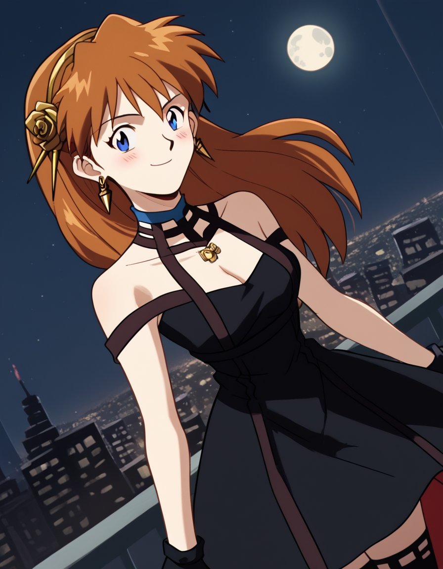 score_9, score_8_up, score_7_up, source_anime, asukalangleysoryu, <lora:asuka-langley-soryuu-classic-ponyxl-lora-nochekaiser:1>, asuka langley soryu, long hair, bangs, blue eyes, brown hair, hair ornament,, <lora:yor-briar-cosplay-ponyxl-lora-nochekaiser:1>, yorbriarcosplay, yor briar \(cosplay\), bare shoulders, black dress, black gloves, cleavage, dress, earrings, gloves, gold earrings, hair ornament, hair band, jewelry, bare shoulders, collarbone, fingerless gloves, thighhighs, black thighhighs,, cityscape, night, moon, blush, smile,, cowboy shot, dutch angle, solo,