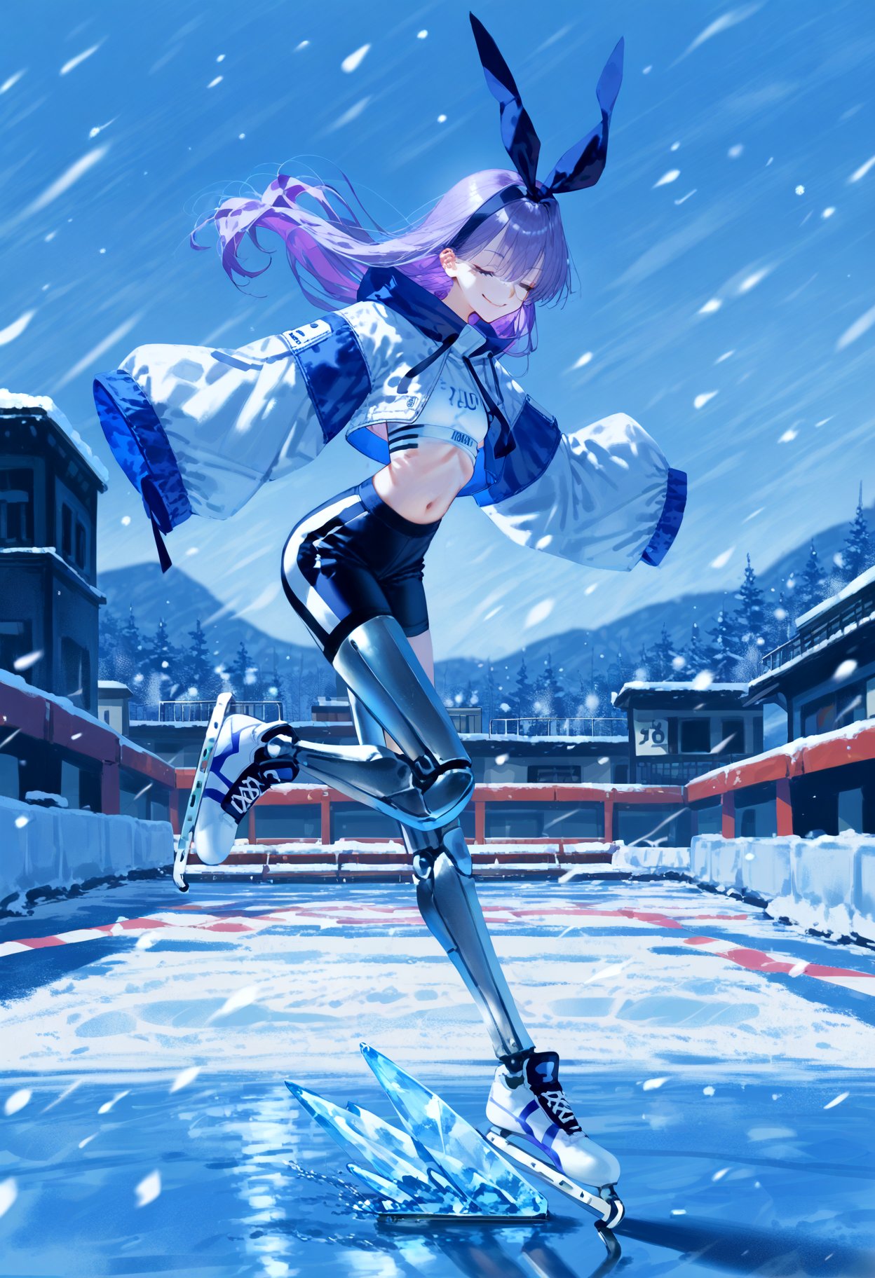 score_9, score_8_up, score_7_up, 1girl, long hair, purple hair, blue eyes, flat chest, ribbon, cropped jacket, sports bra, long sleeves, sleeves past fingers, leggins, mechanical legs, outdoors, on one leg, light smile, ice, ice skate, snowing, closed eyes <lora:(Fate) Meltryllis [503539]:0.8>