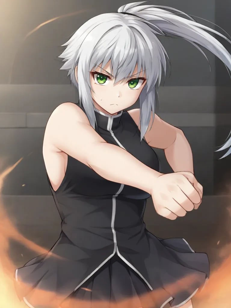 <lora:anerosecoutpony:0.8>1girl, solo, anerrolange, white hair, ponytail, green eyes, black shirt, sleeveless, black skirt, outdoors, standing, serious, looking at viewer, cowboy shot, fighting stance, closed fists,