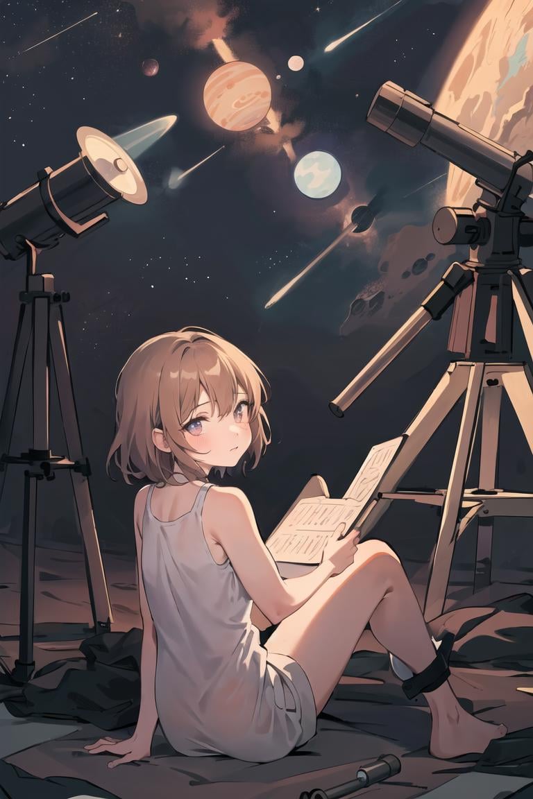 (best quality), (masterpiece), Ultra-detailed, (bold line), (highres:1.2), dramatic light, 1girl , <lora:KimHongDo:0.8>, in observatory, looking at space through long Telescope, space, planets, falling stars, light lines among planets, looking above, cogwheels, telescope, innocent face, messed floor