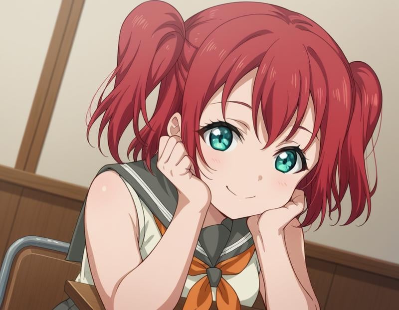 score_9, score_8_up, score_7_up, source_anime, <lora:ruby-kurosawa-s2-ponyxl-lora-nochekaiser:1>, ruby kurosawa, short hair, bangs, green eyes, red hair, aqua eyes, two side up,, shirt, school uniform, white shirt, serafuku, neckerchief, uranohoshi school uniform, orange neckerchief, sleeveless, skirt, pleated skirt, grey skirt,, indoors, smile, looking at viewer, solo, sitting, head rest, table,, cowboy shot, dutch angle