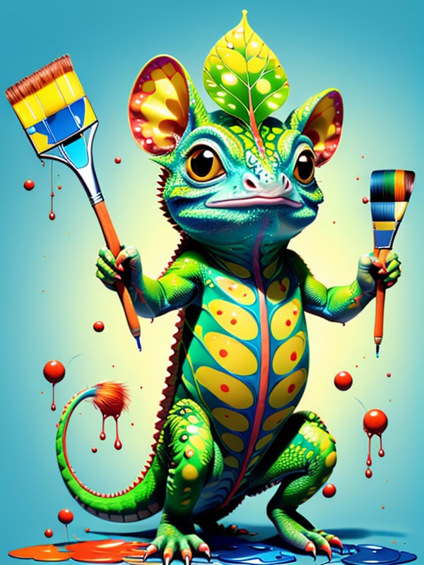 Color3DArt, solo, no humans, blue background, paint, paintbrush, holding, full body, simple background, claws, tail, leaf, standing, water, paint splatter, colored skin, lizard, closed mouth,<lora:Color3Dart.V1.0:0.7>,