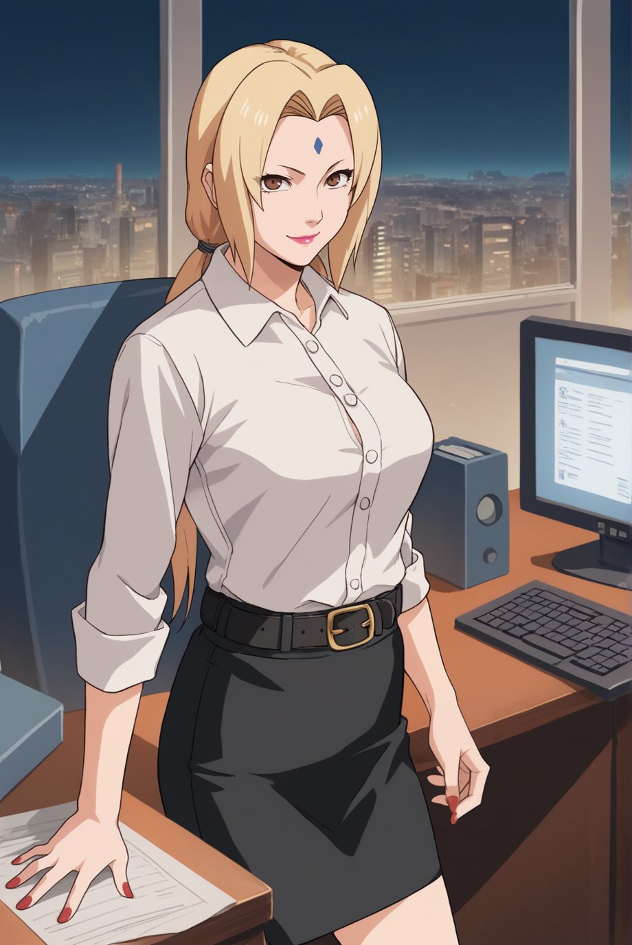 score_9, score_8_up, score_7_up, score_6_up, score_5_up, score_4_up, BREAK source_anime, 1girl, solo,<lora:TsunadeXL-v2-04:0.8>, ChopioTsunade, blonde hair, long hair, low twintails, hair tie, brown eyes, forehead mark, pink lipstick, looking at viewer, mature female, medium breasts, red nails,office, monitor, keyboard \(computer\), desk, standing, leaning against desk, window, cityscape, night, black skirt, pencil skirt, white shirt, shirt tucked in, buttons, seductive smile, belt,