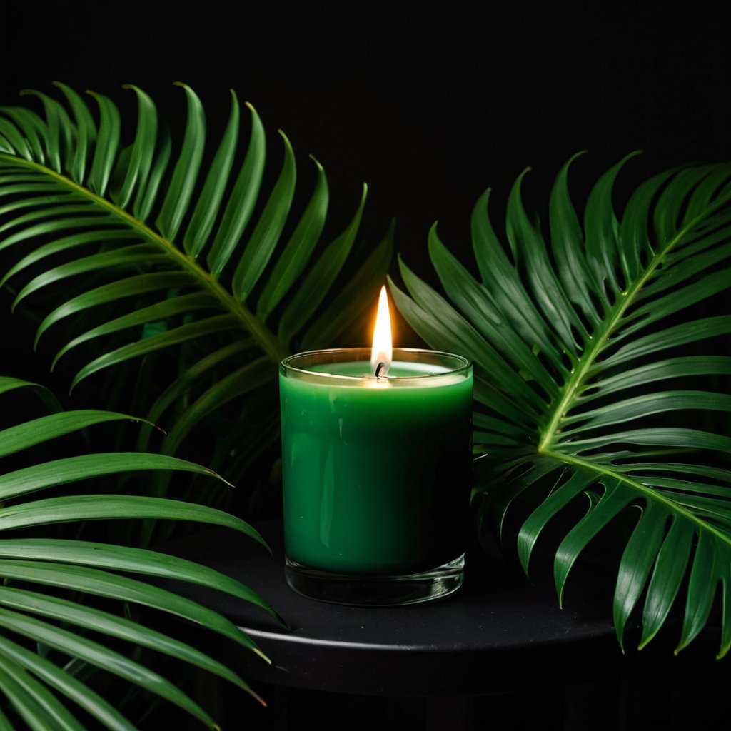 a scented candle among dark tropical monstera and palm leaves on a black background,  dramatic low-key light,  deep green...