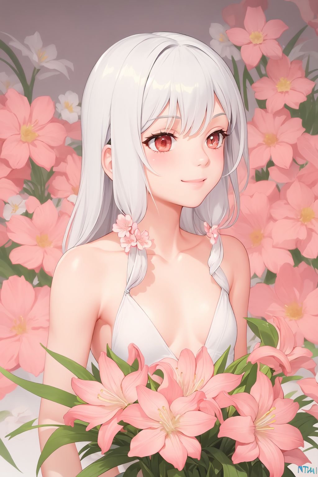 <lora:atdan_style_v08:1>, upper body, solo, 1girl, looking away, smile, blush, flat chest, no light, Nerine \(flower\), floral background