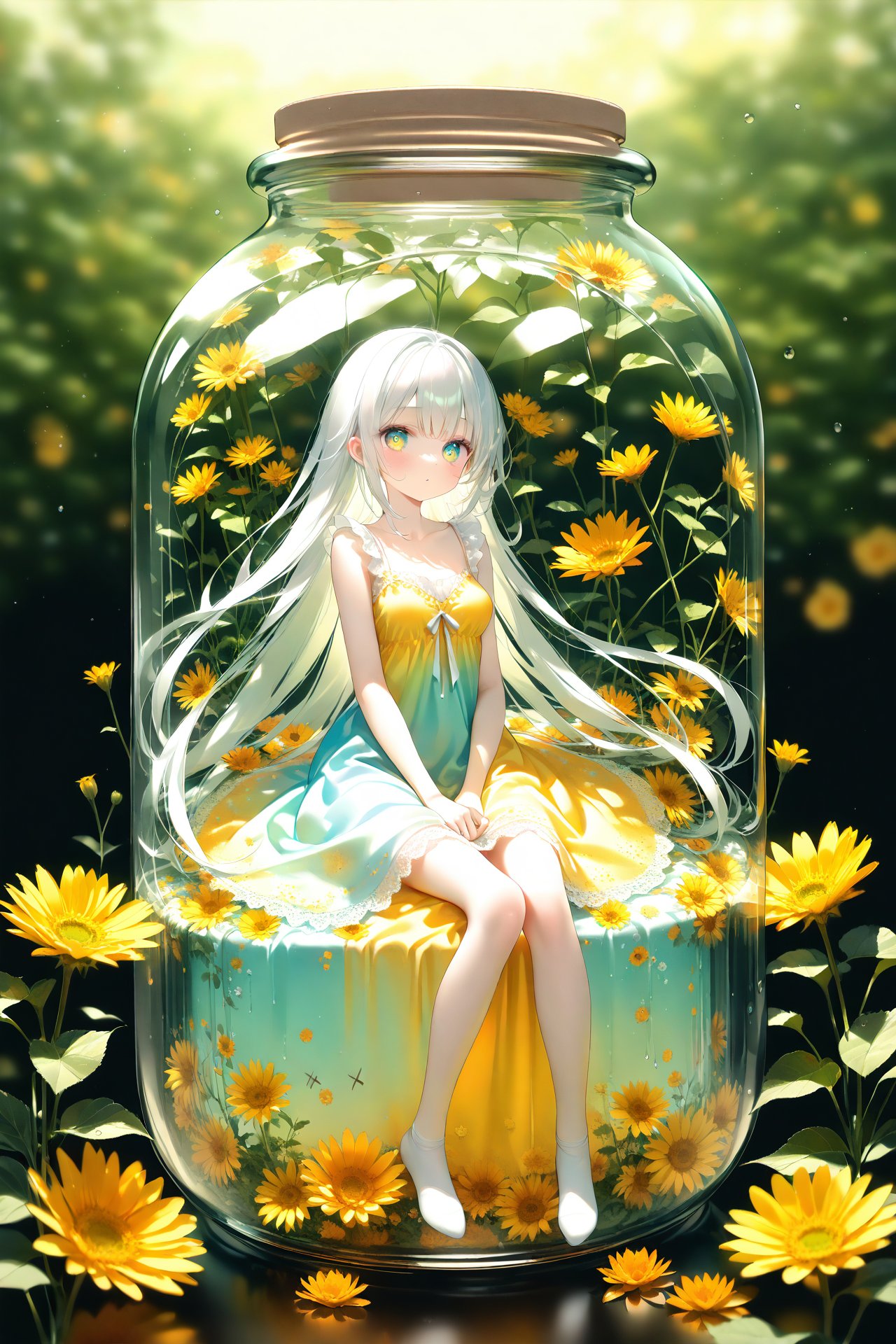 (masterpiece),(best quality),illustration,ultra detailed,hdr,Depth of field,(colorful),loli,(flowers background:1.45),(transparent background:1.3)(an extremely delicate and beautiful girl inside of glass jar:1.2),(glass jar:1.35),(solo:1.2),(full body),(beautiful detailed eyes, beautiful detailed face:1.3),(sitting ),(very long silky hair, float white hair:1.15),(medium_breasts, tally and skinny:1.2),(Colorful dress:1.3),(extremely detailed lace:0.3),(insanely detailed frills:0.3),(hairband , orange hair_ornament:1.25),orange cans,water surface,full body,(bottle filled with orange water,bottle filled with Fanta:1.25),(many fruits in jar, many Sliced_fruits in jar:1.25),(many bubbles:1.25),