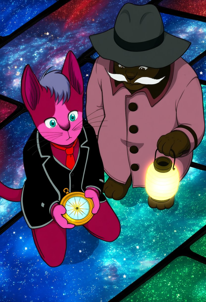 @necocha!. A top-down,  bird's-eye view shot depicts CampanellaNGR,  an anthropomorphic cat with vibrant pink fur by Dugla...