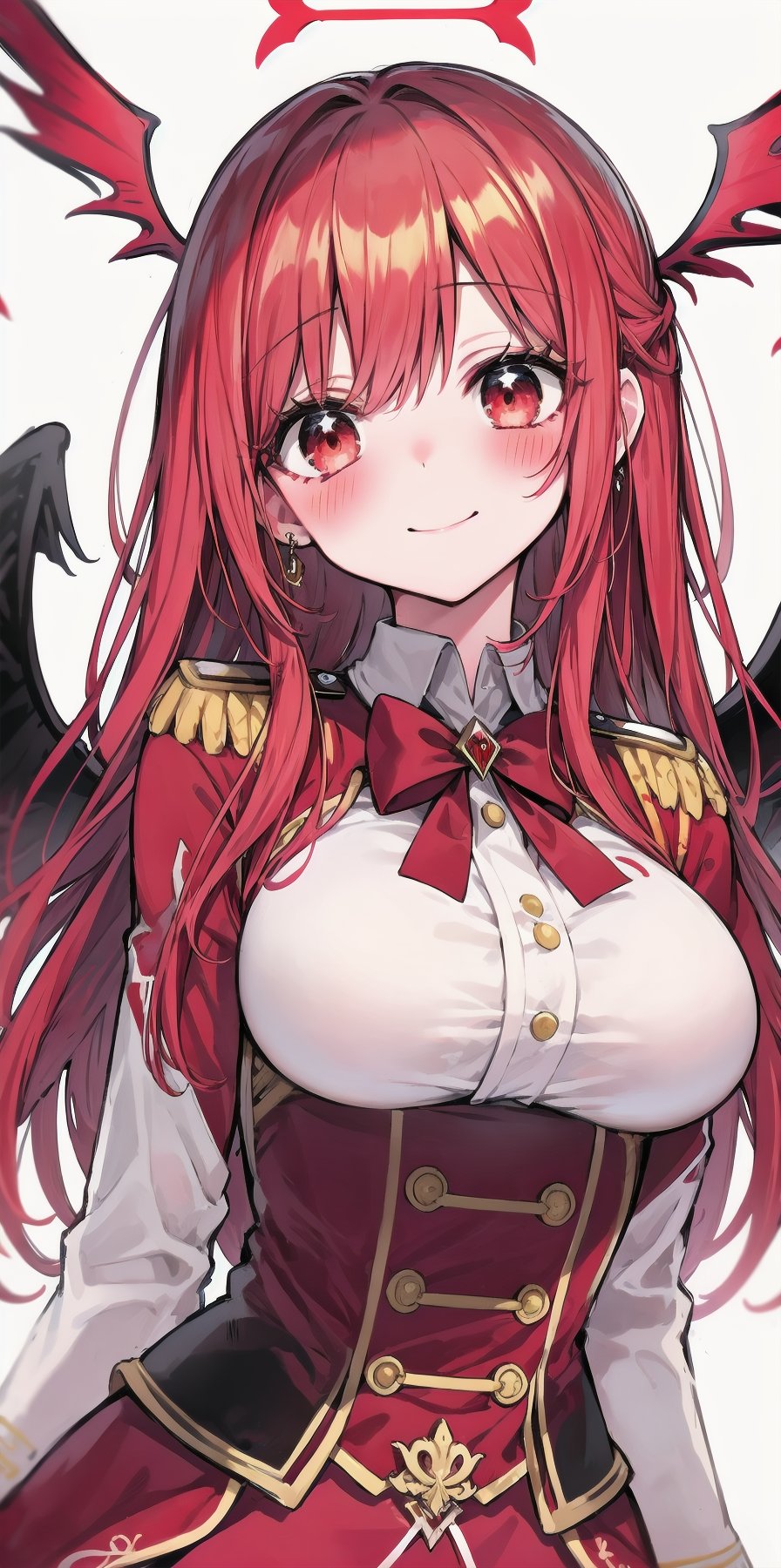 (eye focus, face, close-up:0.3), blush, (smile:0.7), 1girl, solo focus, bangs, white background, durch angle, side, head tilt, jewelry, bow, wings, (uniform, red theme:1.3), underbust, framed breasts, vertical stripes , foreshortening