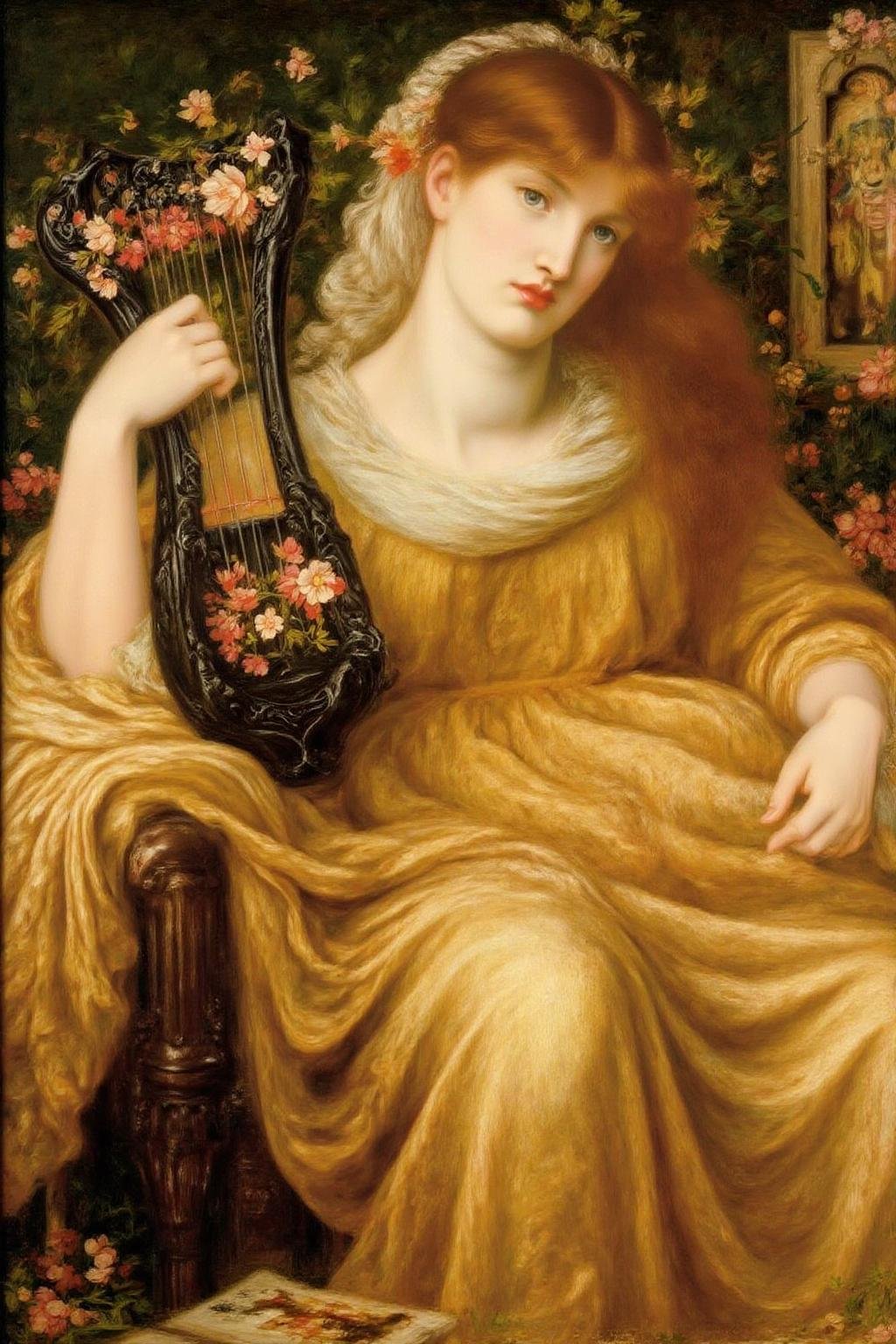 dgr painting.A young woman with long,  flowing auburn hair,  dressed in a flowing by NowhereManGo on Tensor.Art