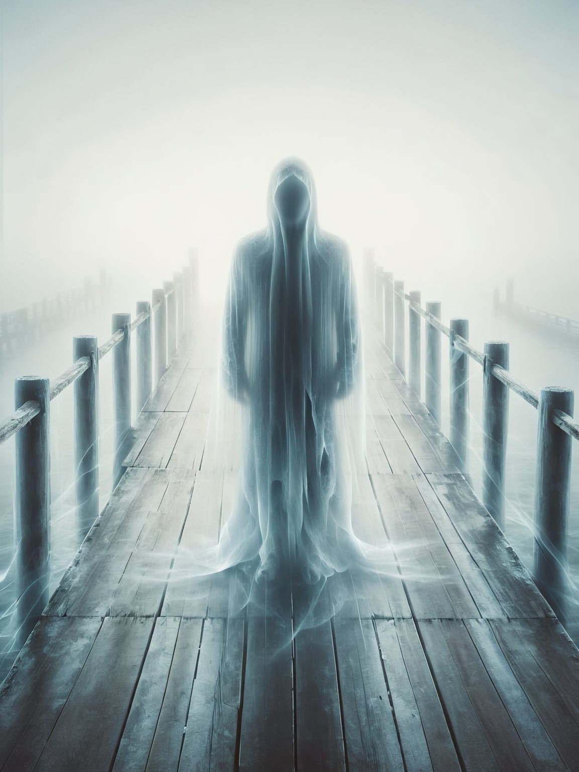 ais-ghostly cloaked figure standing at the end of a misty pier,  staring into the ocean by Chesthole on Tensor.Art