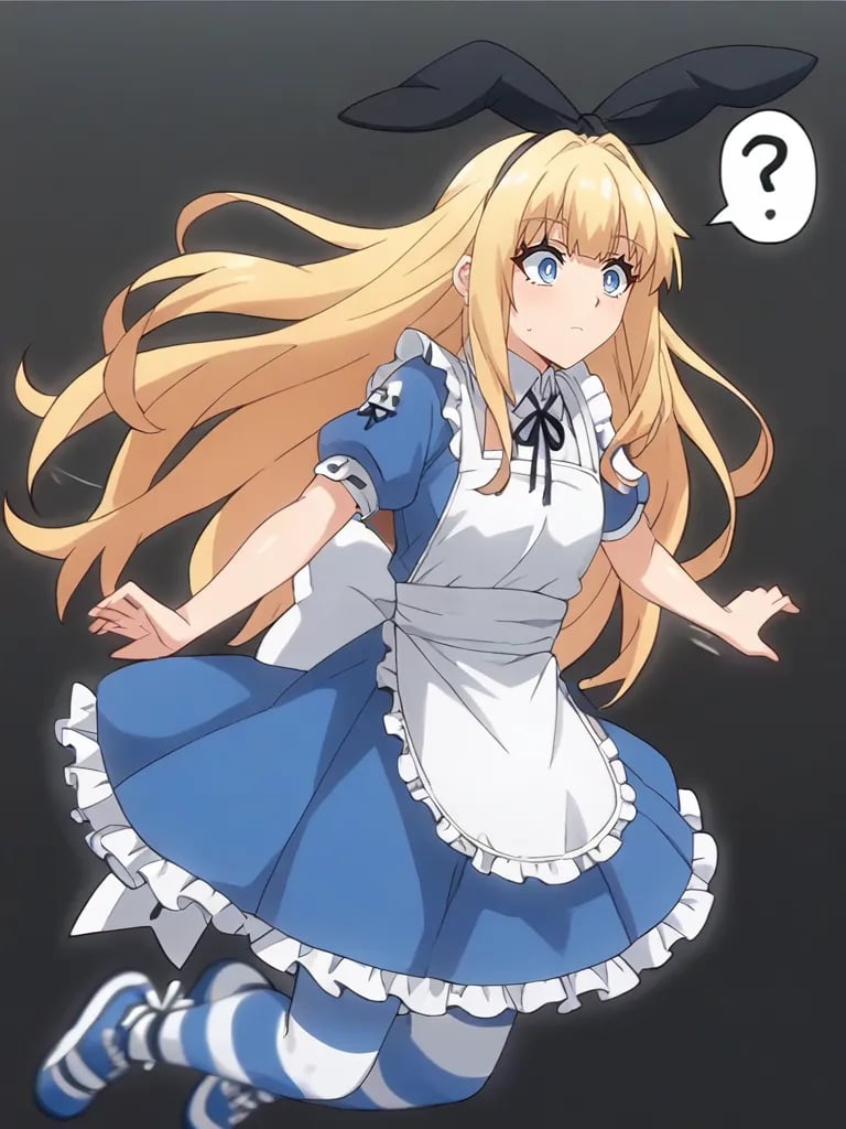 score_9, score_8_up, score_7_up, source_anime, 2d, anime_screenshot <lora:onigokkoalicepony:1>,1girl, solo, aliceonigokko, blonde hair, long hair, blue eyes, hair ribbon, black hairband, blue dress, short sleeves, apron, striped pantyhouse, black background, falling, confused