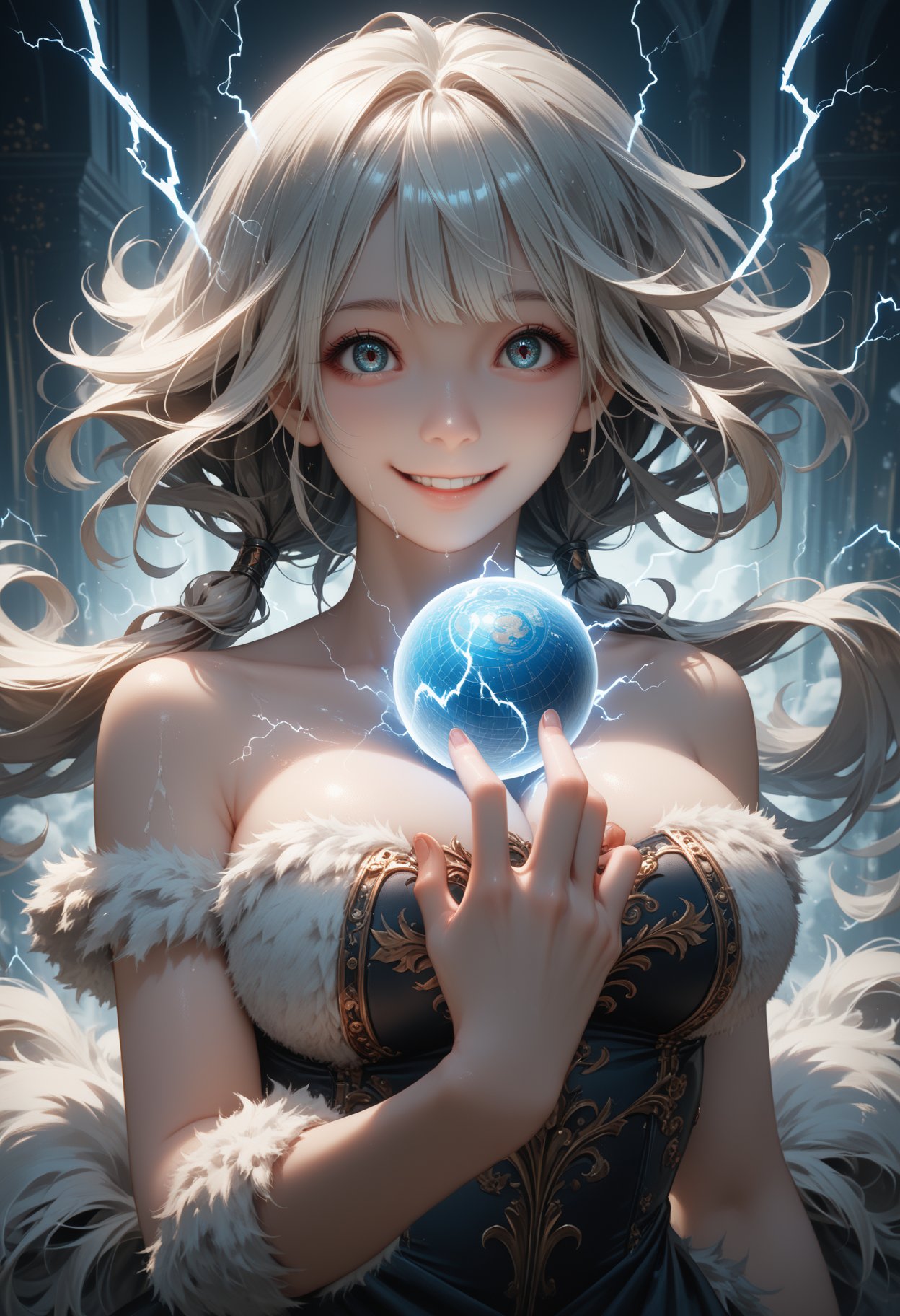 1girl,large_breasts,air_bangs,gery_hair,low_twintail,lovely face,smooth skin,evil smile,fluffy hair,hand touching the electromagnetic ball,hair is floating everywhere because of static electricity,, score_9,score_8_up,score_7_up,beast_quality,masterpiece,