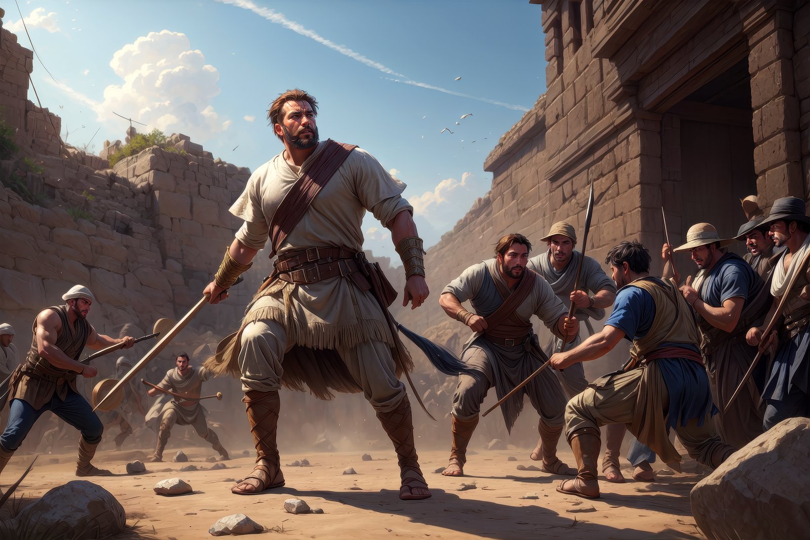 ancient biblical israeli mature man david slinging a stone at the philistine giant goliath of gath in battle by anders zorn, wonderful masterpiece by greg rutkowski, beautiful cinematic light, by greg manchess, jessica rossier <lora:more_details:0.6>