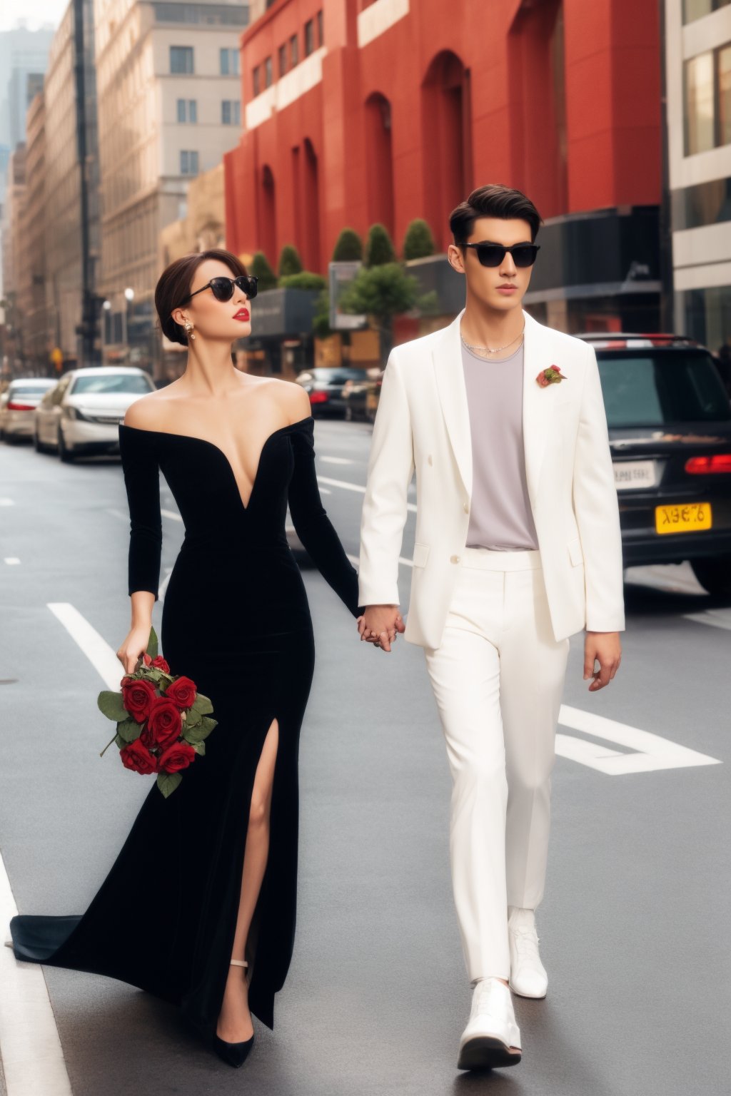 couple, city background, skyscrapers, holding hands, walking, man, woman, formal attire, black dress, suit, sunglasses, high heels, bouquet of roses, street, love, romance, text overlay, "Eternal promise", elegance, fashion, trendy, urban setting, daytime, direct gaze, mixed ethnicity, youthful adults, confident posture, masterpiece,best quality,ultra-detailed,