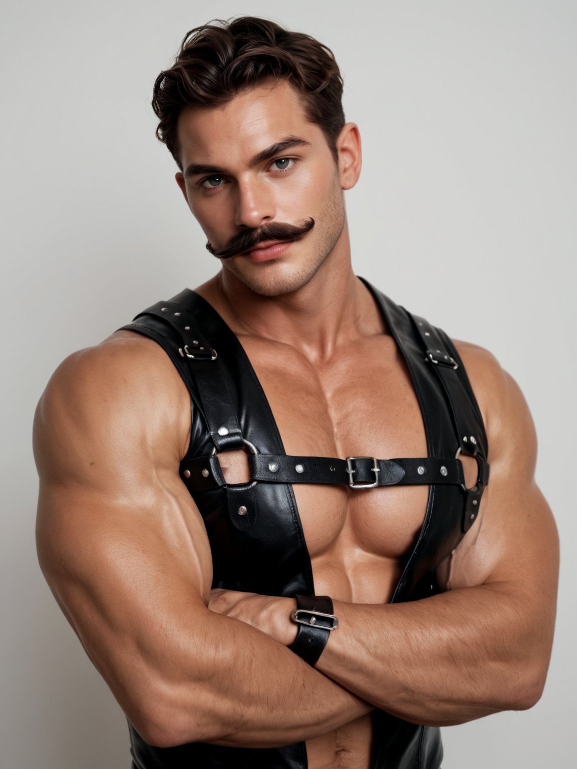 score_9, score_8_up, score_7_up, photo realisticportrait of rugged man, brown hair, thick moustache, intense expression, wearing a black leather vest, muscular build, shoulder harness, dramatic lighting, gritty and tough