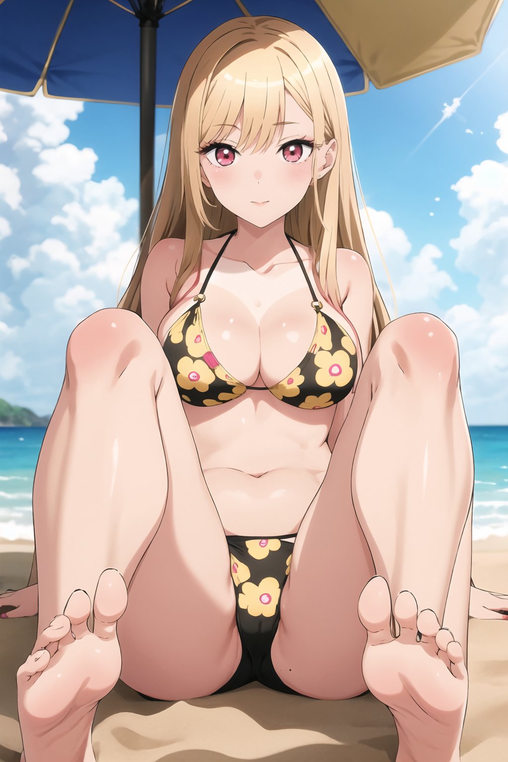 kitagawa marin, 1girl, solo, long hair, blonde hair, red eyes, multicolored hair, large breasts, navel, sitting, collarbone, swimsuit, bikini, outdoors, barefoot, solo focus, day, feet, legs, bare legs, toes, ocean, umbrella, beach, soles, tan, foreshortening, tanlines, toenails, sand, pink bikini, foot focus, one-piece tan, dirty, floral print, <lora:Sono Bisque Doll wa Koi wo Suru - Marin Kitagawa R5 Bonus:0.8>