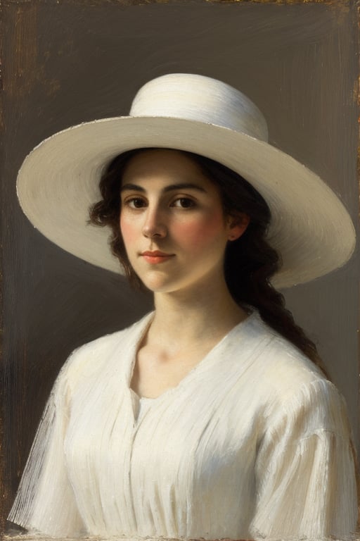 Impressionism, in the style of Frank Weston Benson, "Portrait of a young woman with dark hair, white hat, long flowing white dress", (extremely sharp:1.2), (high-definition:1.2), (clean, crisp edges:1.2), (ultra-sharp textures:1.2), (focus on fine details:1.2), (high contrast lighting:1.2), (perfect clarity:1.2)