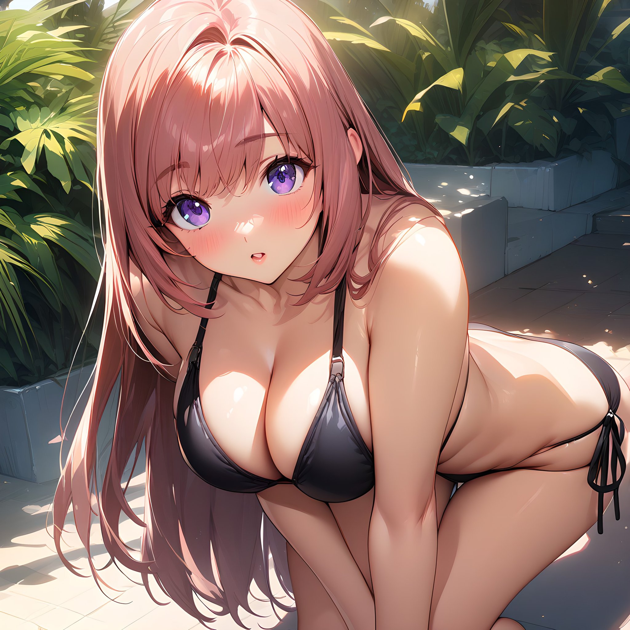 (masterpiece),(best quality),(ultra-detailed),(best illustration),(best shadow),(absurdres),(detailed background),(very aesthetic),  elhaym_van_houten, 1girl, solo, swimsuit, bikini, long hair, breasts, food, purple eyes, large breasts, cleavage, black bikini, side-tie bikini bottom, pink hair, bent over, very long hair, brown hair, <lora:Elhaym_van_Houten_-_Xenogears:1>