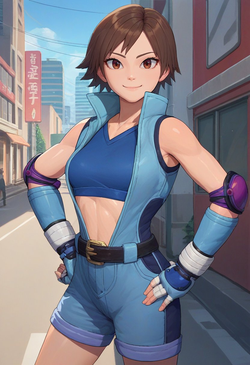 score_9, score_8_up, score_7_up, source_anime, solo, 1girl, asukadef, smile, looking at viewer, hand on hip, short jumpsuit, sports bra, elbow pads, fingerless gloves, shorts, belt, outdoors, city street <lora:tekken_asukakazama_ponyXL:1>