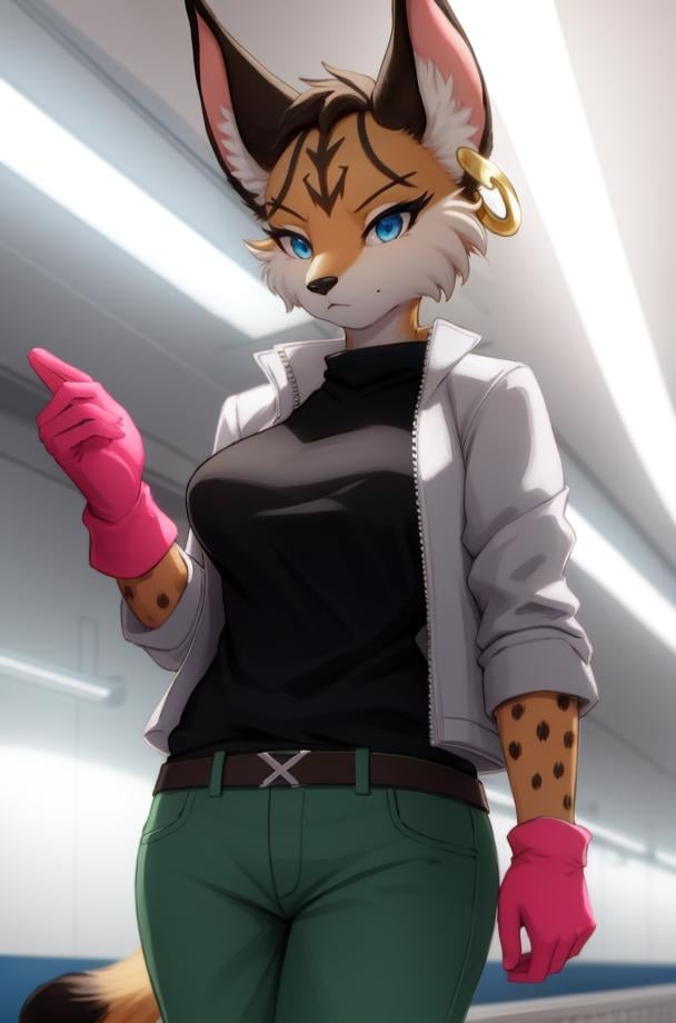 (anthro furry:1.2), MiyuCzar, female, lynx, (brown fluffy fur, lynx ears, tail, blue eyes, small breasts, gold hoop ear ring), (green pants, grey jacket, brown gloves, pink shirt), (standing, runway, jet), (masterpiece:1.2), hires, ultra-high resolution, 8K, high quality, (sharp focus:1.2), clean, crisp, cinematic, <lora:Miyu1-12:1>