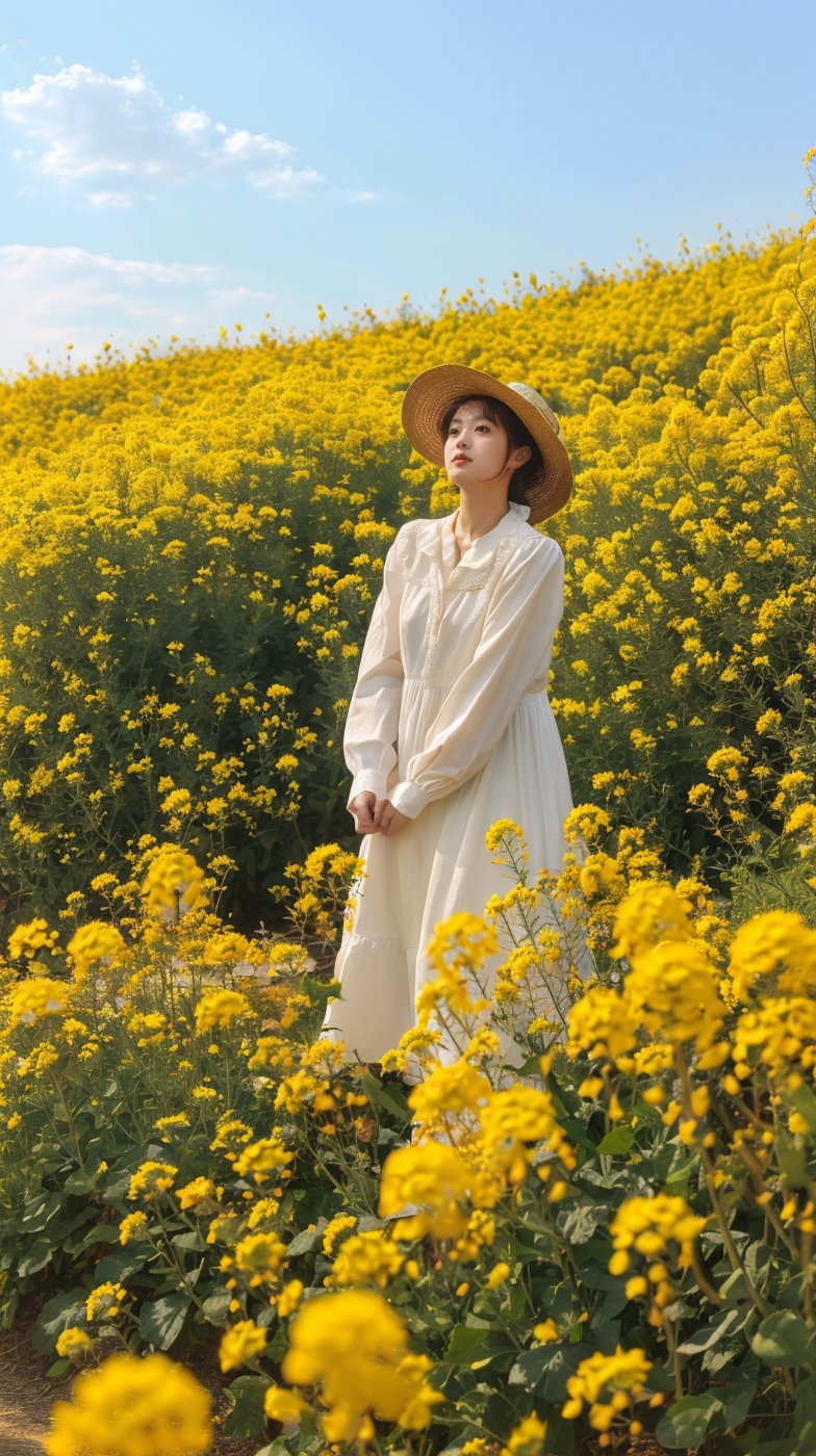 youcaihua, 1girl, solo, hat, flower, yellow flower, looking up, outdoors, black hair, sky, day, blue sky, straw hat, long sleeves, upper body, white shirt, dress, realistic, parted lips, shirt, white dress, sun hat,<lora:zhenshixiezhenV1:0.7>,