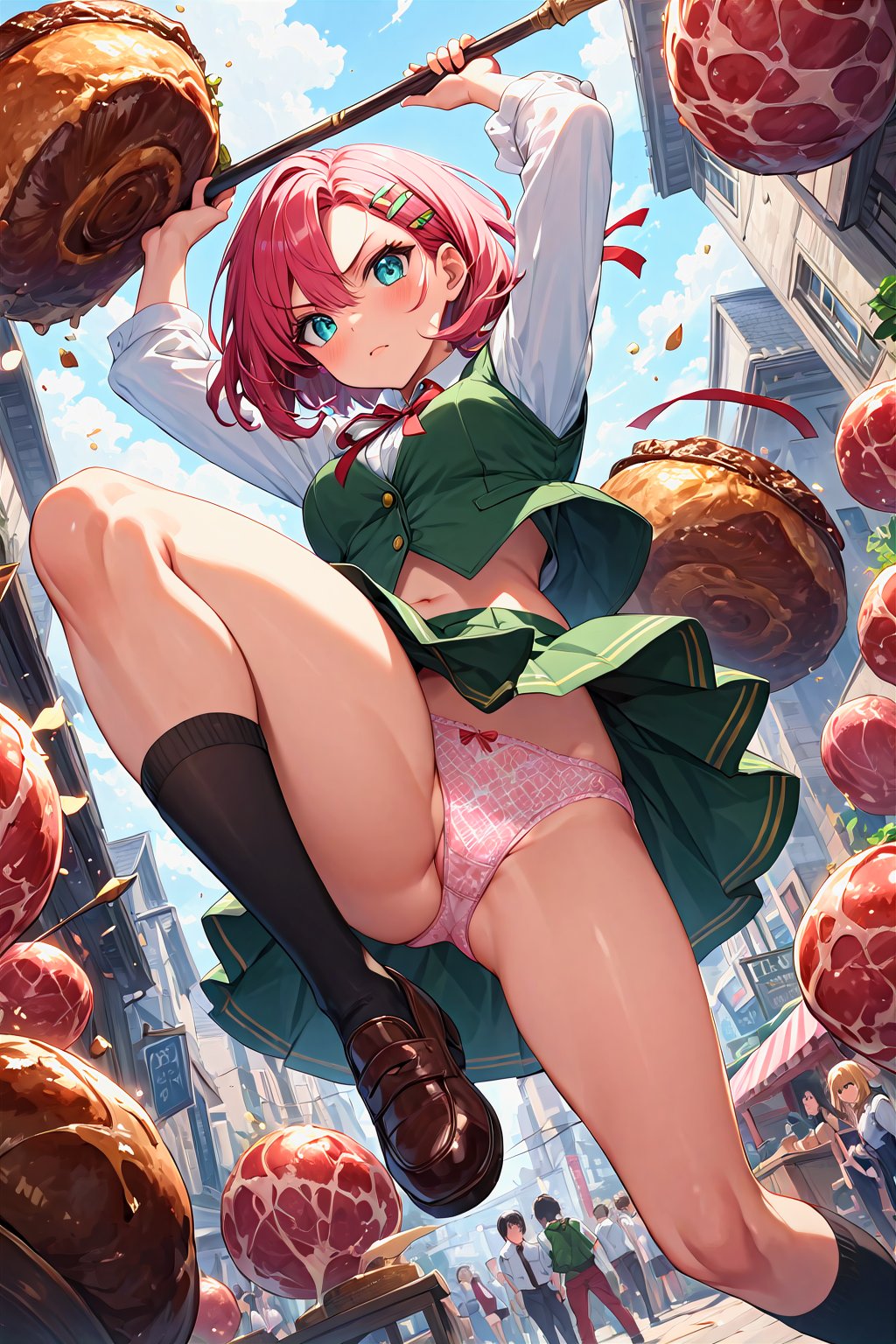 (master piece:1.4), (best quality), The highest image quality, excellent detail, ultra-high resolution, best illustration, attention to detail, exquisite beautiful face, 1girl, anetani anne, arms up, ass, attack, bangs, black socks, blue eyes, blush, bob cut, boned meat, closed mouth, food, from below, green skirt, green vest, hair between eyes, hair ornament, hairclip, hetare (hetare013), holding, holding polearm, holding weapon, jumping, kneepits, leg up, long sleeves, looking ahead, meat, murenase! shiiton gakuen, neck ribbon, panties, pants, pantyshot, patterned clothing, pink panties, pink pants, polearm, red hair, red ribbon, ribbon, school uniform, shirt, short hair, skirt, slit pupils, socks, solo, spear, underwear, v-shaped eyebrows, vest, weapon, white shirt