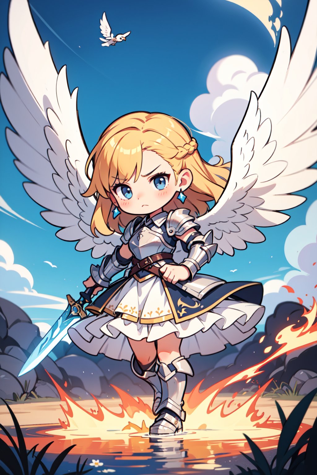 chibi,1girl,solo,cute,wings,long hair,jewelry,bracelet,cloud,flying,angel wings,sky,floating hair,angel,hand guard,hilt,feathered wings,outdoors,holding a flaming sword,holing a shining sword,frown, dashing to camera,knight armor,dress armor,boots,