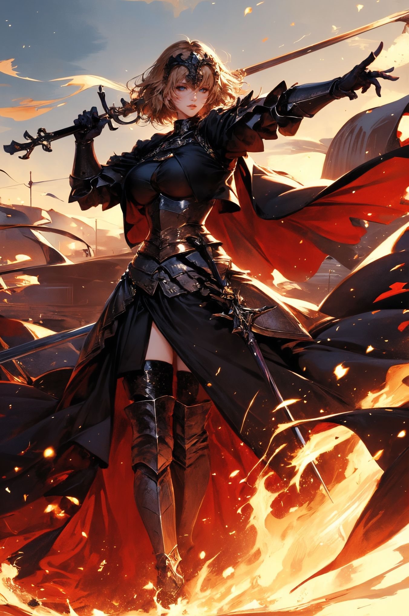 a stunning art,abstract,flowery,predominantly white,dynamic pose,centered,key visual,intricate,highly detailed,breathtaking beauty,precise lineart,vibrant,comprehensive,cinematic,xuer Jeanne D Arc,(Attacking posture:1.3),<lora:绪儿-黑贞德 xuer Jeanne D Arc:0.8>,