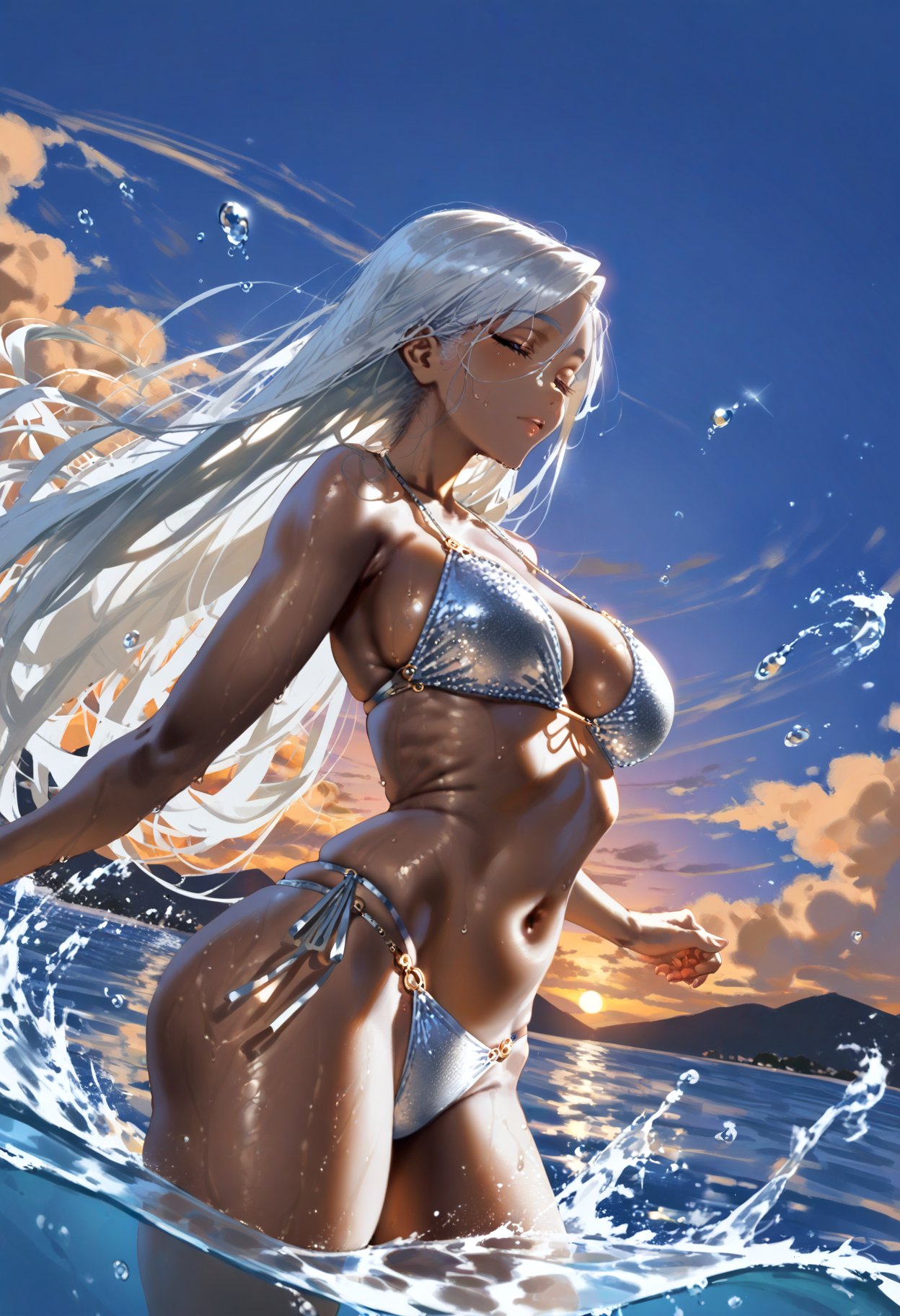 score_9, score_8_up, score_7_up, 1girl, white hair, dark-skinned female, curvy, beach, island, sunset, silver bikini, dynamic pose, looking down, cowboy shot, wet bikini, wet hair, absurdly long hair, shallow water, looking up, eyes closed, dynamic pose, dutch angle, from side, cowboy shot, flying water drops, splashing, solo focus,