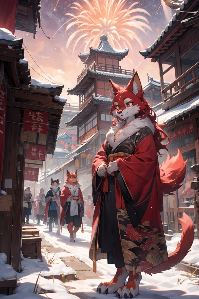 (best Fluffy hands:0.7),wide Shot,best quality,(official art, masterpiece,ultra detailed 8k art,fantasy),(furry,anthro,Fluffy body:1.3),(Fluffy, focus face,furry female,1 hand on ches,red cat earst),smile, 1 red cat tail,pink eyes, chinese clothes, wavy hair, medium long hair BREAKoutdoor,(milky way, midnight:1.2) , old dilapidated building, China,winter, fireworks, Clothes with traditional Chinese patterns, golden patterns,wonder, brilliance,festival, crowd,new year,square