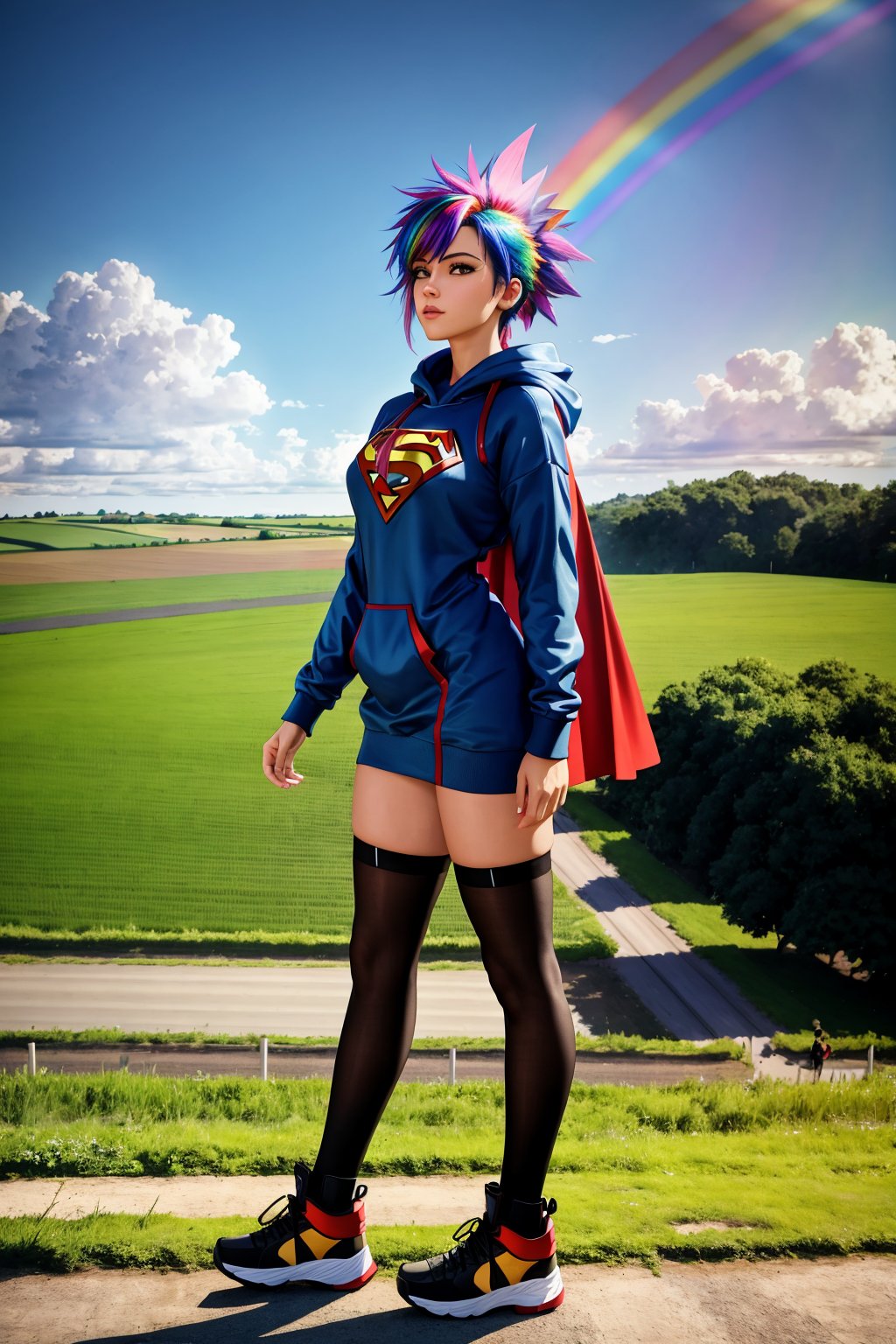 masterpiece of photorealism, photorealistic highly detailed professional 8k raw photography, best hyperrealistic quality, volumetric real-time lighting and shadows, front profile full body Photography, Superheroine, Tall: Taller in stature with proportional body features,  **Sweatshirt Dress with Thigh-High Socks and Sneakers**, Rainbow Feathered Mohawk, Dynamic Head Tilt: Tilting the head for a playful or thoughtful expression., Countryside Farms full of busy people, Aerial View of a Dynamic Urban Intersection