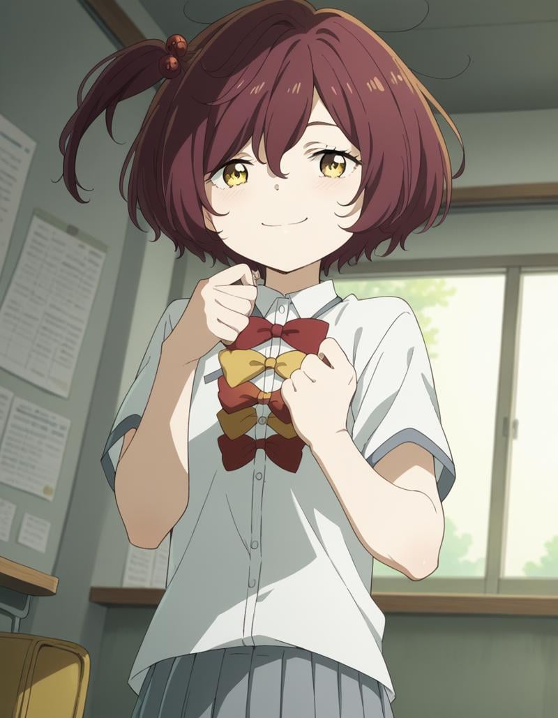 score_9, score_8_up, score_7_up, source_anime, <lora:chika-komari-alpha-ponyxl-lora-nochekaiser:1>, chika komari, short hair, bangs, brown hair, hair ornament, hair between eyes, side ponytail, one side up, hair bobbles, yellow eyes,, skirt, shirt, bow, school uniform, white shirt, short sleeves, pleated skirt, bowtie, yellow bow, grey skirt, yellow bowtie, red bow, red bowtie,, indoors, smile, looking at viewer, solo,, cowboy shot, dutch angle