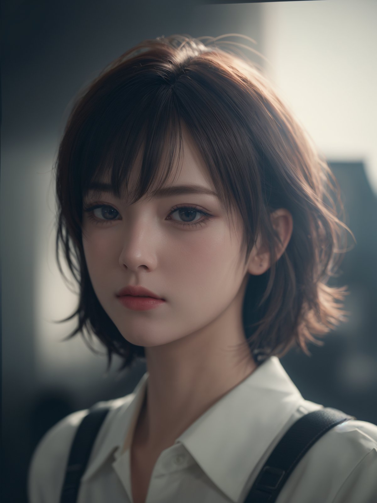 (((masterpiece))),((best quality)),1girl,realistic,chromatic_aberration,depth of field,Cinematic Lighting,light leaks,face_focus,upper body,