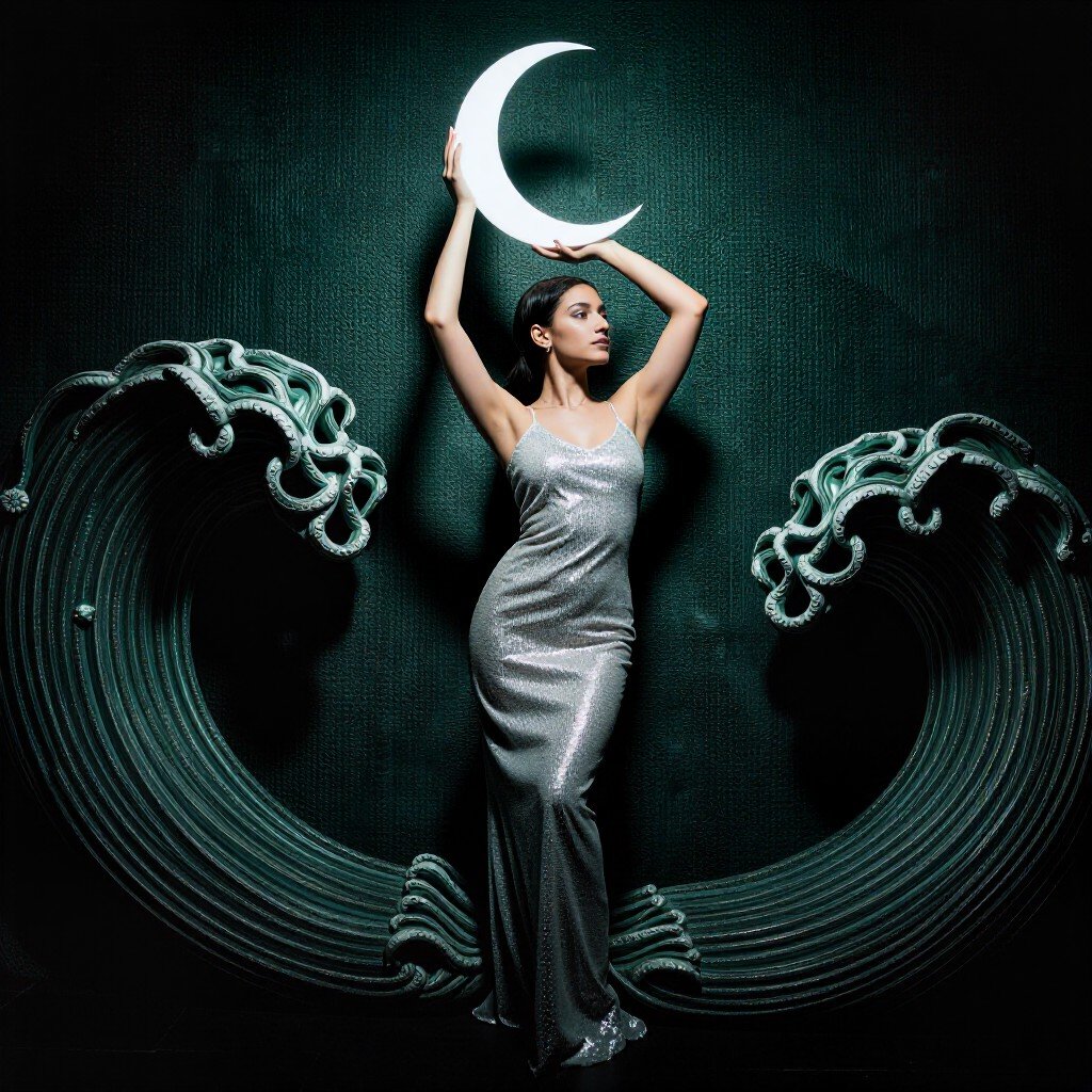 A woman in a shimmering silver sequined gown holds a crescent moon above her head,  standing against a textured,  dark tea...