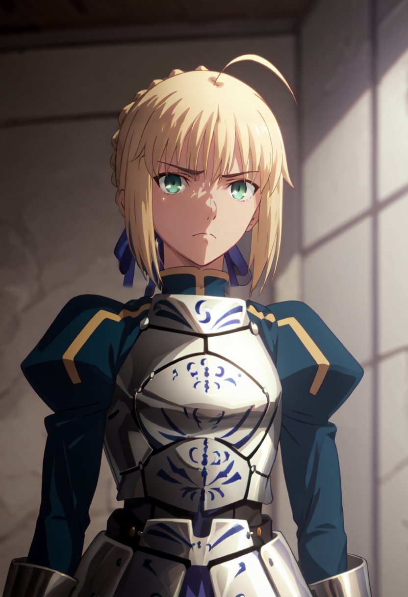 best quality, masterpiece, highres, solo, (saber_fatestaynightufotable:1.10), 1girl, armor, style parody, anime coloring, frown, looking at viewer, puffy sleeves, anime_style, 3 <lora:saber_fatestaynightufotable:0.80>