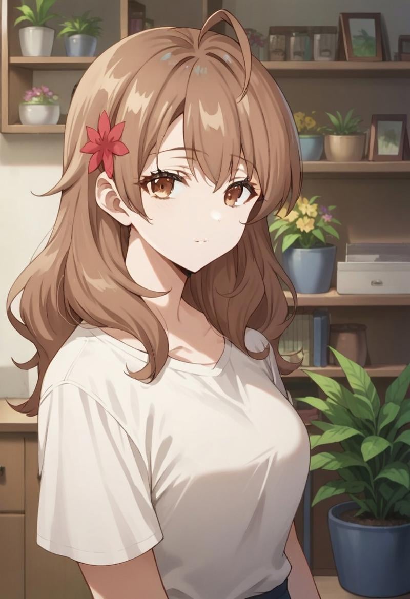 score_9, score_8_up, score_7_up, source_anime,maria mikhailovna kujou, brown hair, long hair, brown eyes, 1girl, hair ornament, hair flower, flower, ahoge, indoors, plant, potted plant, shelf, looking at viewer, solo, shirt