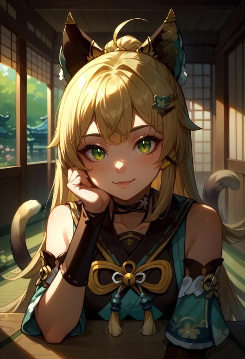 score_9, score_8_up, score_7_up, source_anime, 1girl, kiraradef, blonde hair, green eyes, long hair, ahoge, animal ears, hair ornament, hairclip, two tails, multiple tails, cat tail, detached sleeves, bare shoulders, crop top, tassel, black choker, sitting, on chair, table, head rest, elbow rest, happy, :3, looking at viewer, indoors, shrine, portrait, close-up, facing viewer, upper body, <lora:Kirara_v1-000010:0.9> 