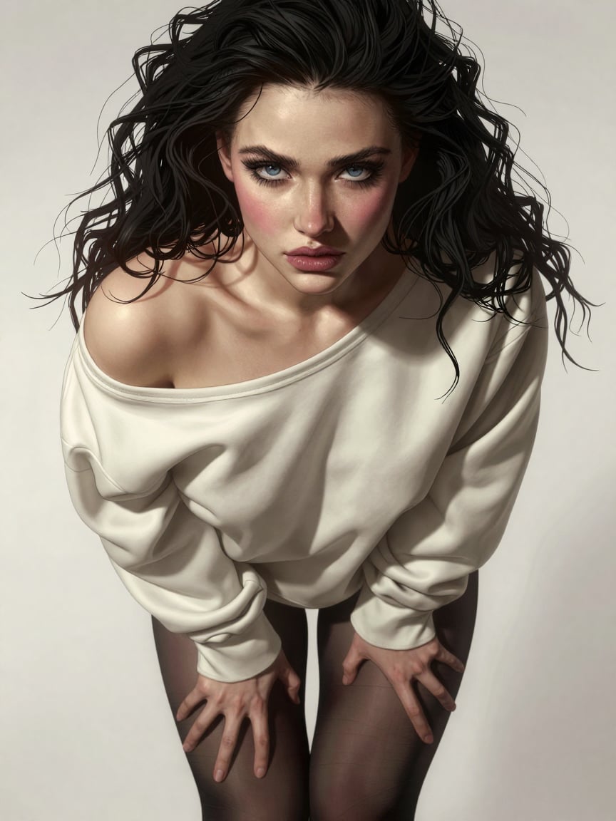 Bradhamel art style. In this arresting cinematic close-up,  a young woman with luminous blue eyes and tousled black bob ha...