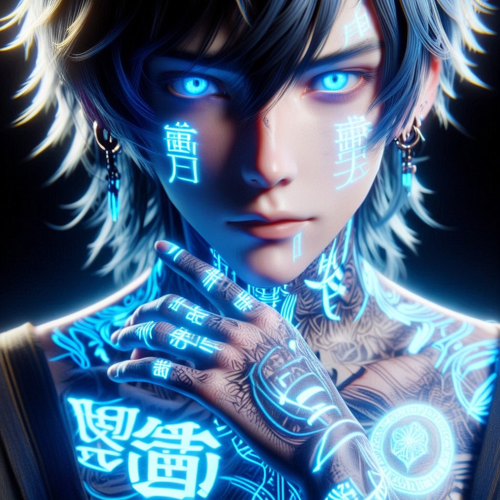 ((Masterpiece)), 1boy, male focus, solo, glowing, jewelry, earrings, blue eyes, glowing eyes, portrait, looking at viewer, tattoo, Japanese text tattoo, <lora:g1owingtatt003d-000007:1>, ((luminous:1.2)),