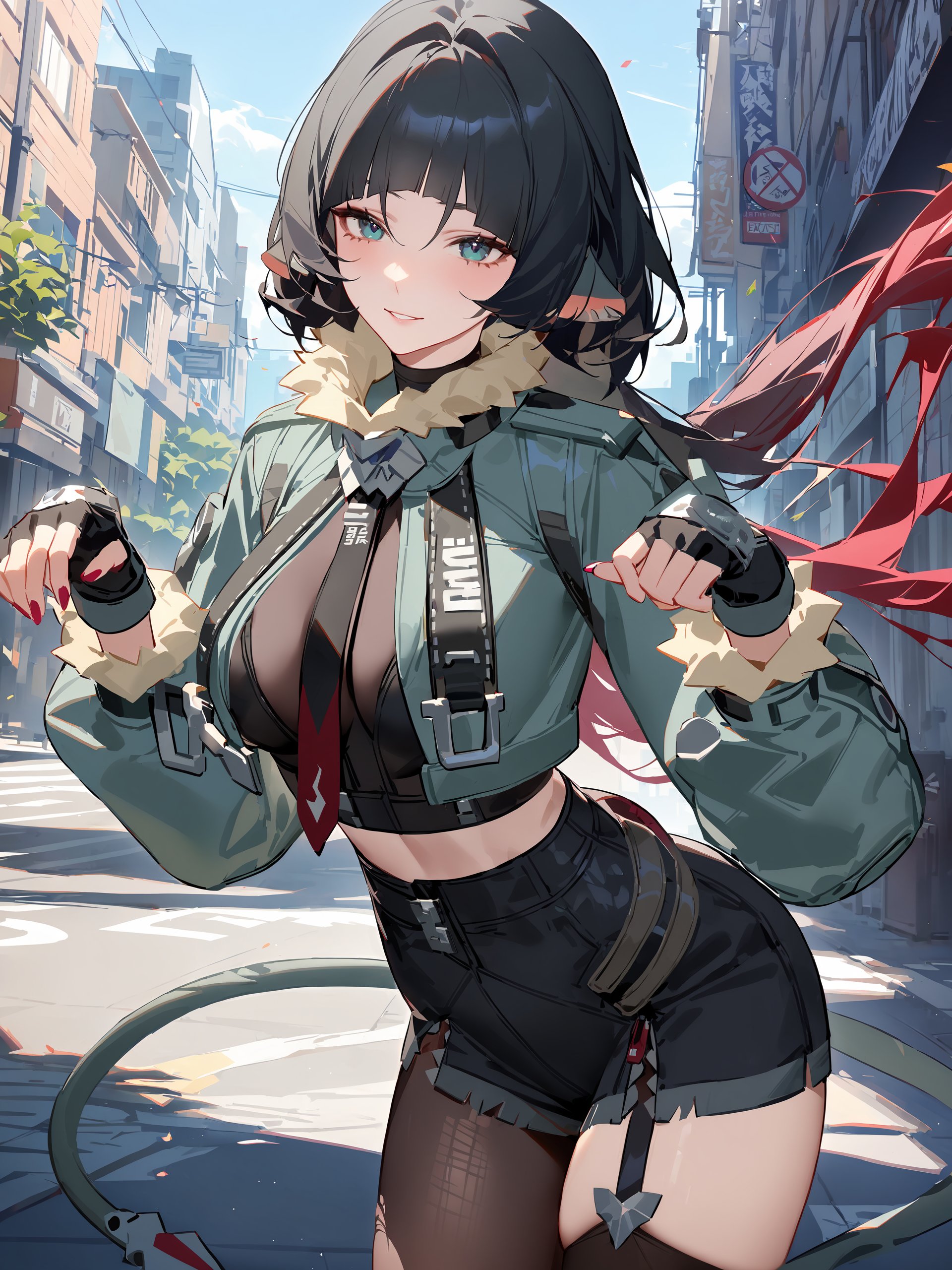 1girl, jane doe \(zenless zone zero\), fingerless gloves, black shorts, tail, cropped jacket, sports bra, single garter strap, single leg pantyhose, single thighhigh, necktie, long hair, platform boots, full body, standing, seductive smile , looking at viewer, ghost pose, floating hair, outdoors, street <lora:Char-ZZZ-Jane_Doe-V2-XL:0.9>, masterpiece, best quality, very aesthetic, ray tracing, newest,(hitenkei, askzy:0.5),