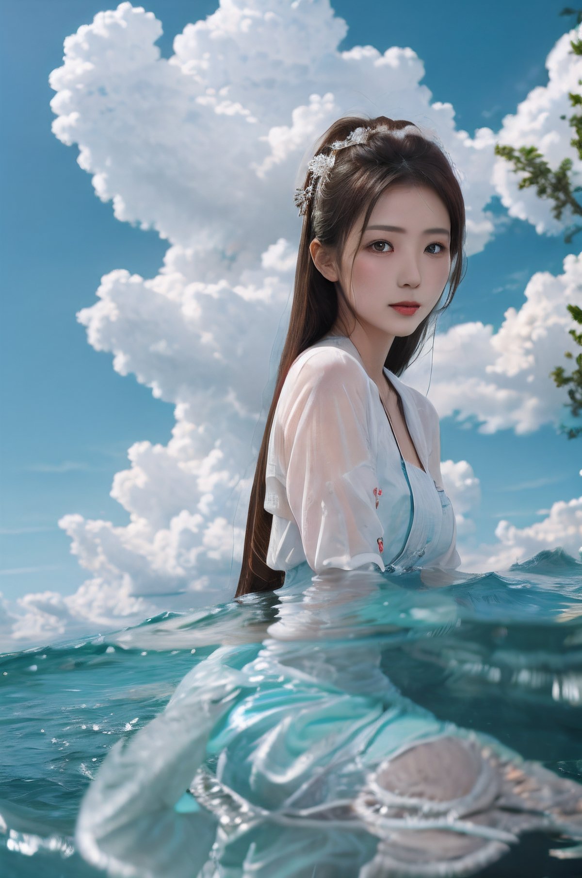 1girl,  blue sky and white clouds,  water by 呱唧呱唧 on Tensor.Art