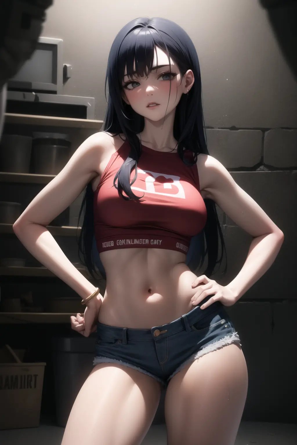 <lora:basement_v0.2:1> basement, 1girl, dark, dimly lit, trash, dirty, cracked wall, denim shorts, crop top, cowboy shot, hand on hip,, masterpiece, best quality, highly detailed