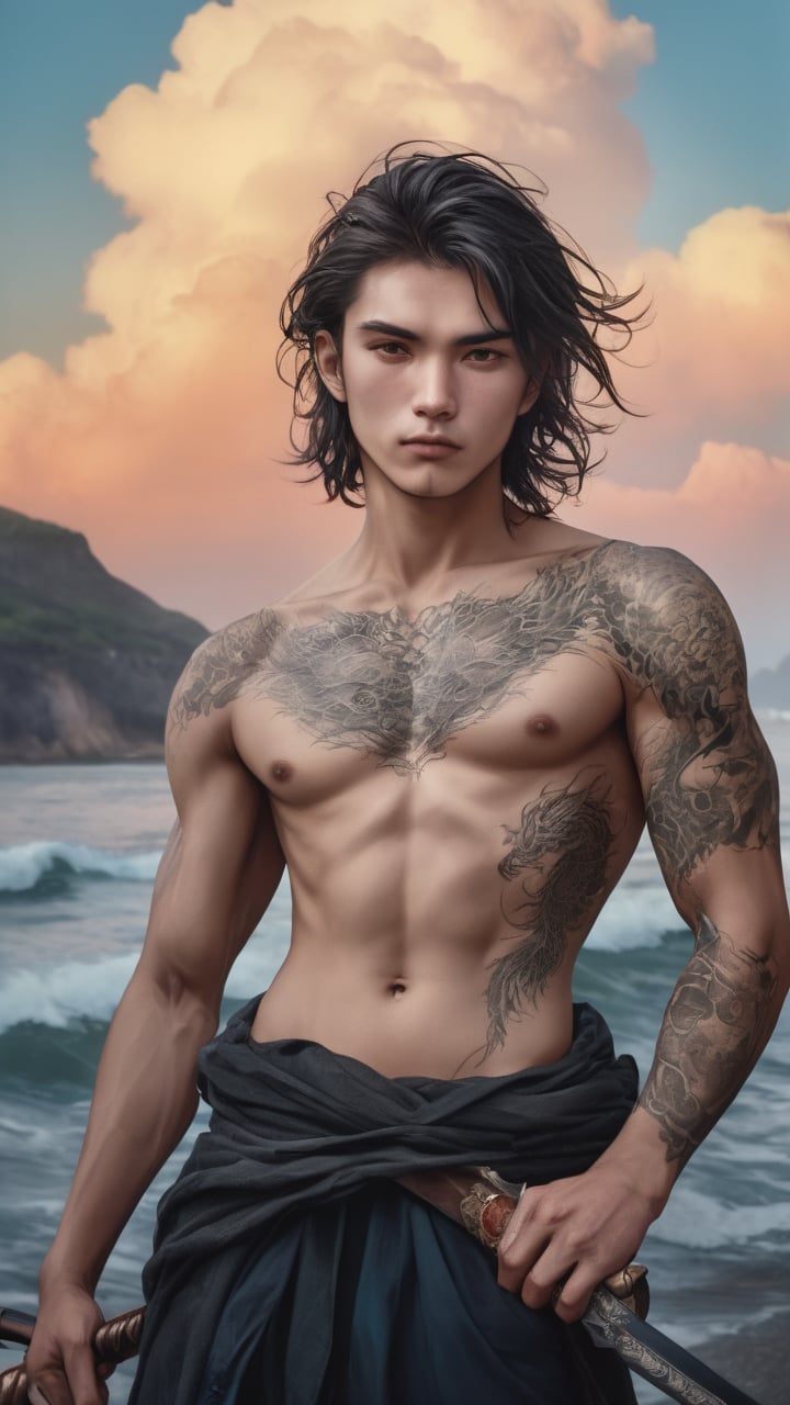 a 20 y.o ancient chinese male swordsman,a hyperrealistic painting inspired by lee jeffries,zbrush central contest winner,hyperrealism,steven mccurry portrait,photography alexey gurylev,alessio albi,prismatic colors,(muscular:1.2),dragon tattoo,metallic luster,ink mountains cloud sea background,